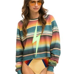 Aviator nation striped lighting bolt cropped crew neck size: medium